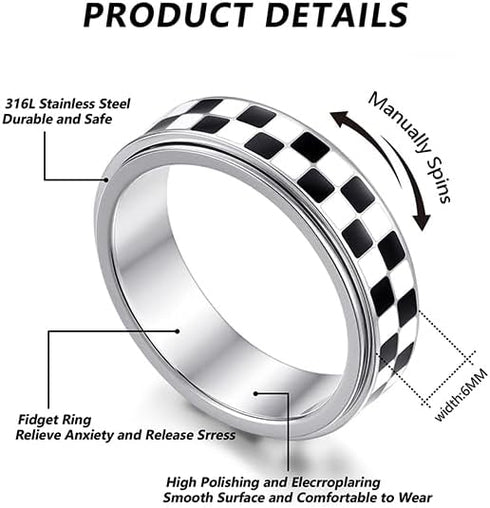 18K Checkered Fidget Spinner Ring for Adults, Gold Plated Stainless Steel Rotating Anxiety Relief Jewelry Gift