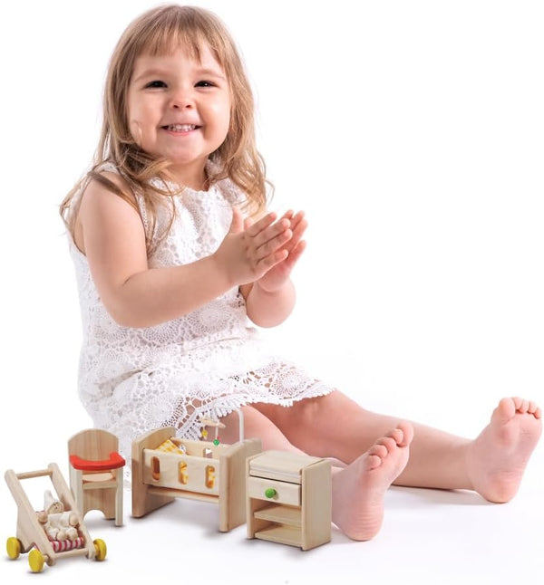 PlanToys Nursery - Wooden Dollhouse Accessories Featuring Baby Figure, Stroller, and Furniture Pieces