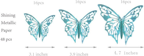 Cheerland 48 Pcs 3D Teal Blue Butterfly Wall Stickers, Removable Metallic Room Decals for Nursery & Party Decorations