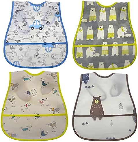 Baby Bib Waterproof with Snaps for Infants and Toddlers - 4pcs Food Catcher Bibs (Car, Puppy, Bear)