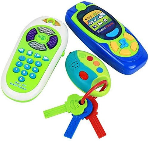 Click N' Play Pretend Play Cell Phone, TV Remote & Car Key Accessory Playset for Kids, Set of 3 with Lights & Sounds