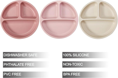 PandaEar 3 Pack Toddler Plates, Silicone Divided Suction Plate for Babies, BPA-Free 100% Food-Grade Silicone Unbreakable Baby Plate (Pink/Linen/Light Pink) by PandaEar
