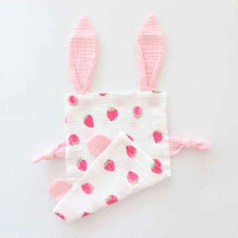 Bunny Security Blanket for Boys and Girls, Cotton Soft Breathable Muslin Soothing Towel, 2 Pcs Set (Strawberry & Orange)