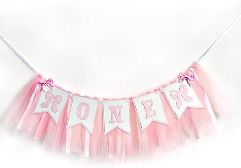 Derzhssg Pink Bowknot One Birthday Highchair Banner - Girl 1st Birthday High Chair