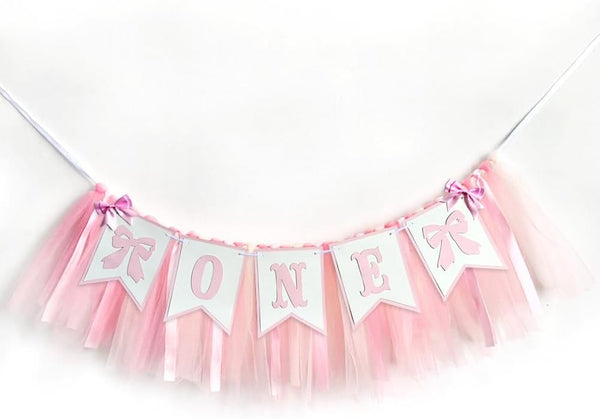 Derzhssg Pink Bowknot One Birthday Highchair Banner - Girl 1st Birthday High Chair