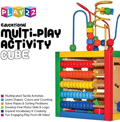 Play22 6 in-1 Counting Counting 8Pcs Wooden Activity Cube for Baby - Baby Activity Play Cube with Bead Maze, Shape