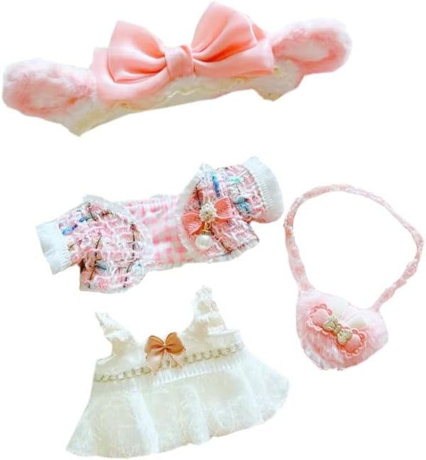 niannyyhouse 20cm Plush Doll Clothes, Pink Headwear Coat Dress & Backpack, 8in Soft Stuffed Plush Toy Accessories
