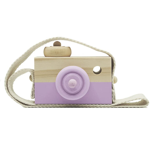 Baby Toy Wooden Mini Camera - Cute Neck Hanging Photographed Props for Kids' Room Decor, Purple
