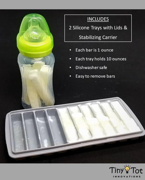 10-1oz 2 100% Breast Milk Freezer Storage Trays w/Carrier, Bars, Containers w/Lids and Carrier, Food Grade Silicone