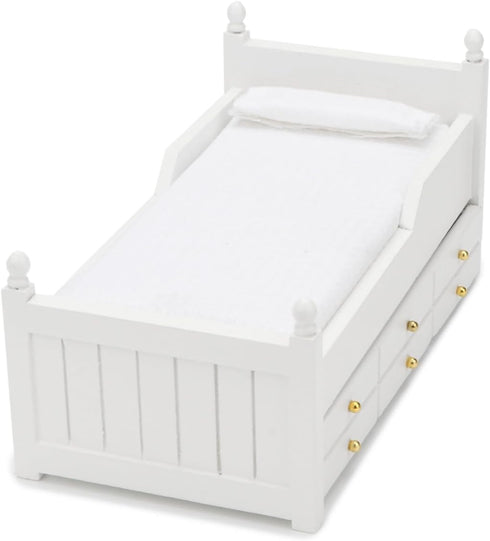 1:12 Dollhouse Miniature Bed with Drawer Wooden Furniture European Bedroom Bedding Furniture Accessories with Pillow
