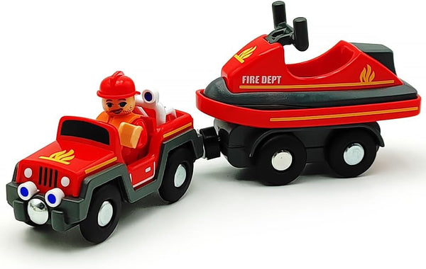 Wooden Train Cars Track Accessories Set, Rescue Fire Truck with Light and Sound for Boys and Girls