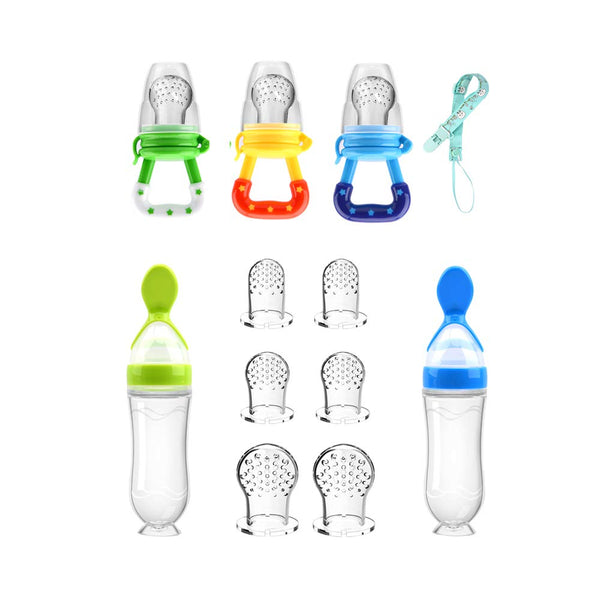 Food Feeder Baby Fruit Pacifier (3 Pcs) with 6 Different Sized Silicone Pacifiers, 90ML Spoons Clip, Infant Teething
