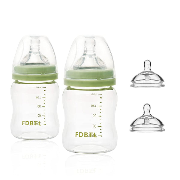 Baby Bottle Glass Wide Neck, Closer to Breastfeeding, Slow Flow Nipple, Anti-Colic,