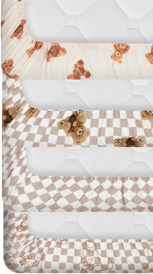FIGEPO Set Fitted Baby Neutral Crib Sheets Bear and Buffalo Check Plaid Breathable Unisex Baby Standard Crib Sheet