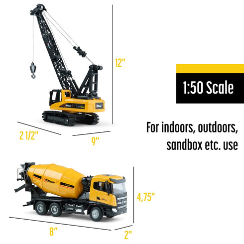 Diecast Metal Construction Trucks Models Set of 2 - Heavy Metal Toy Cement Truck and Construction Crane 1:50 Scale -