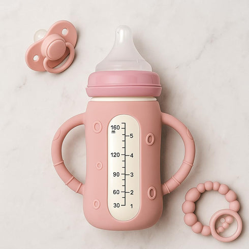 Frezonika 4 5 Pcs Silicone Pink Sleeves for Lansinoh (Old Style) Anti-Colic Glass Baby Bottles, Drop Protection