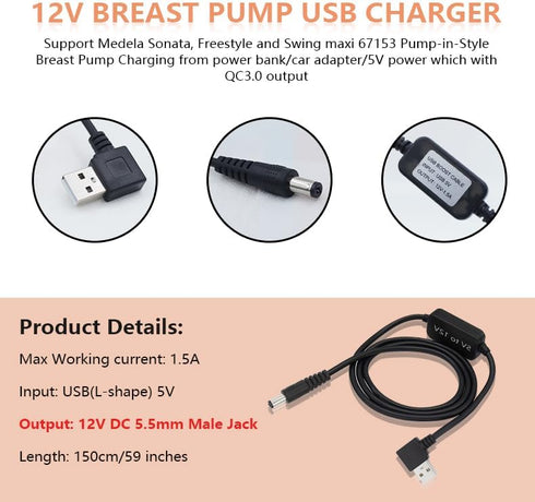 12 Volt USB Car Adapter for Medela Sonata, Ameda Purely Yours, Spectra S1 S2 Breast Pump, Easy to Carry for Travel