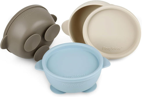 PandaEar 3 Pack Baby Suction Bowls with Lids, Leak-Proof Silicone Food Bowls for Babies, Kids, BPA-Free