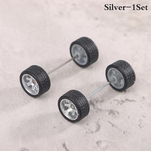 Sliver Wheels Rims Tires Set - Alloy 1:64 Wheels, Scale Alloy Wheels with Rubber Tires, Model Alloy Accessories