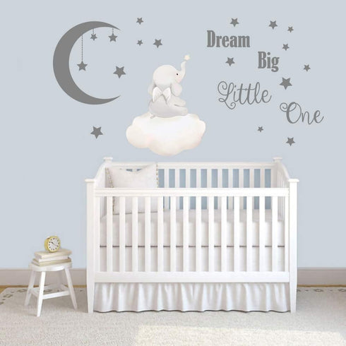 Runtoo Dream Big Little One Wall Decals, Elephant Inspirational Quotes Kids Wall Stickers for Nursery, Bedroom,