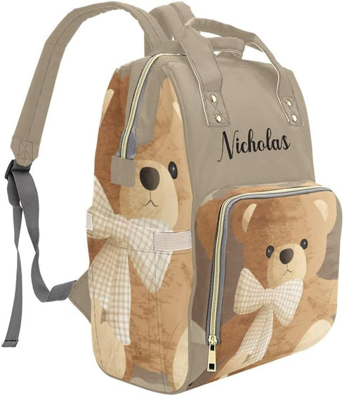 NZOOHY Backpack Mommy Backpack Brown Teddy Bear Bow Personalized Diaper Bag Multi-Function Custom with Name Large