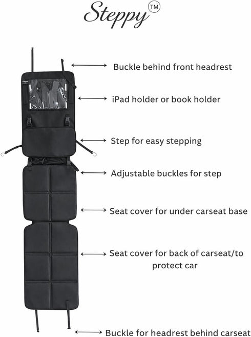 Steppy Car Seat Step - A Seat Protector Mat with Built-in Step & Back-of-Seat Tablet Holder - Helps Children Climb Into