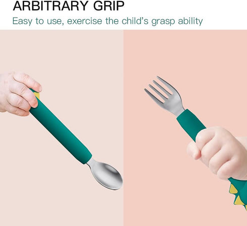 Baby Forks and Spoons Set, Toddler Training Utensils, Silicone and Stainless Steel Kids Utensil (Green Dinosaur - Long)