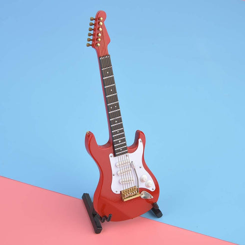 Wooden Miniature Guitar - Mini Electric Guitar with Stand, Decorative Dollhouse Accessories (Red)