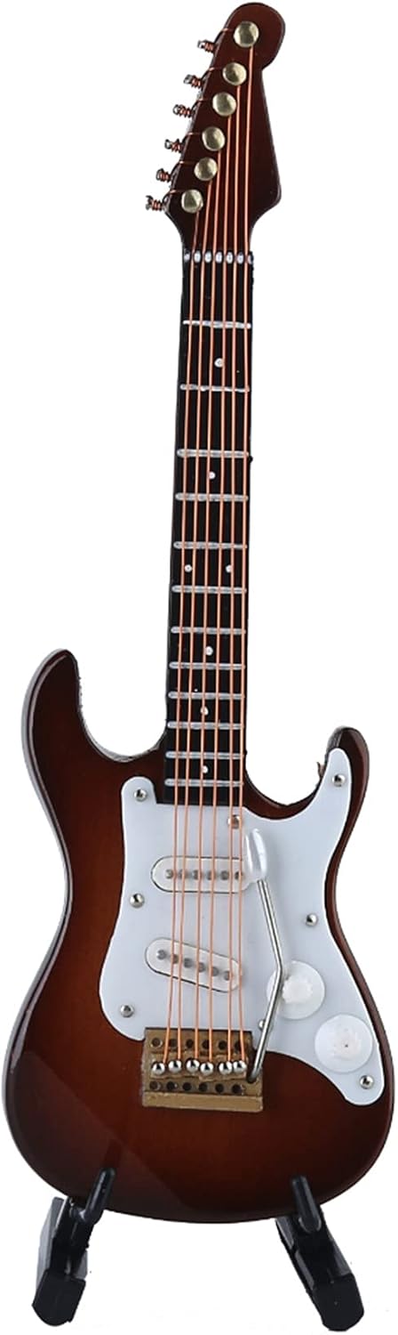 Dselvgvu 5.49"x1.76"x0.48") Wooden Miniature Electric Guitar with Stand and Case Mini Musical Instrument Electric