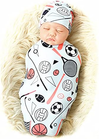 Galabloomer Newborn Swaddle Blanket with Beanie Set, Baby Boy Receiving Blanket Sports Ball