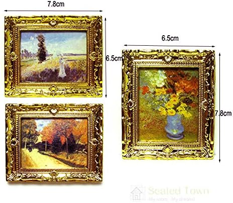 3Pcs 1:12 Mini Miniature Gold Frame Art Wall Picture, Oil Painting Home Decor