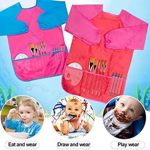 Kids Art Smocks 2 Pack, Long Sleeve Painting Smock with 3 Pockets for Ages 3-8
