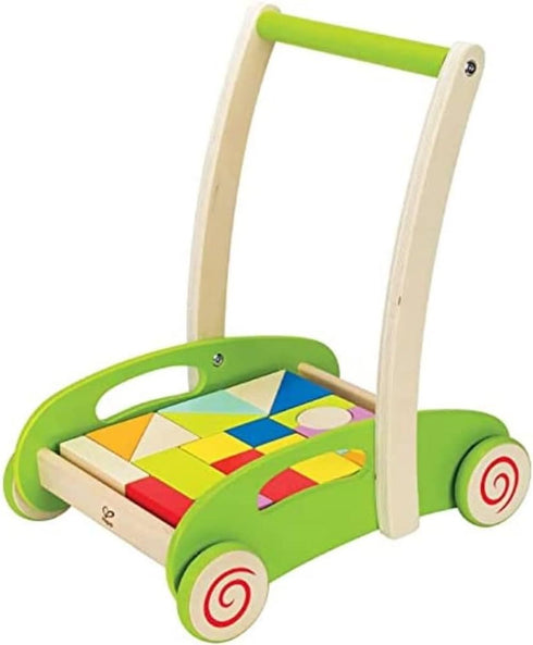 Hape Block and Roll Cart, Toddler Wooden Push and Pull Toy, Multicolored, L: 13.9, W: 11.1, H: 16.1 inch