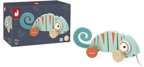 Janod - Tropik Pull-Along Chameleon, Wooden Early-Learning Toy, Educational Walking and Balancing Toy