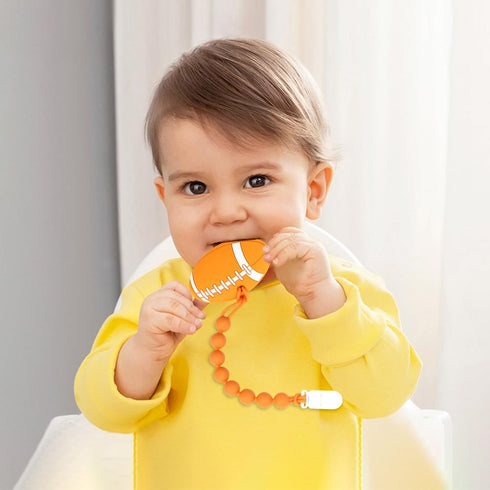 Baby Food Grade Silicone Sport Ball Teether Toy with Pacifier Clip Holder, Teething Relief Gift Set, American Football
