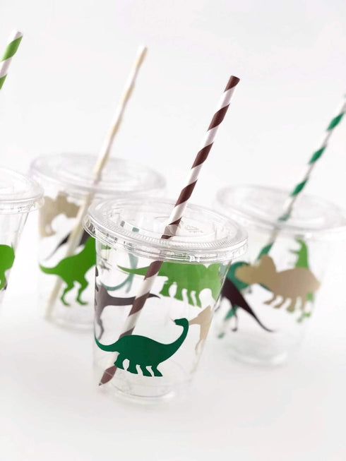 Dinosaur Birthday Cups, Kids Party Supplies, Birthday Favor Cups, Plastic Disposable Cups with Lids and Straws, Set of