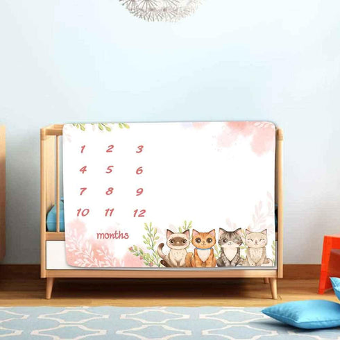 Baby Monthly Milestone Blanket for Girls, Spring Pink Cartoon Animal Cat Growth Chart, 48x40 Inch