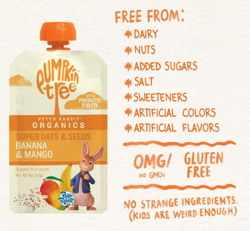 4 (Pack 10) Pumpkin Tree Peter Rabbit Organics Super Oats & Seeds, Puree Squeeze Pouch, Banana & Mango, Ounce