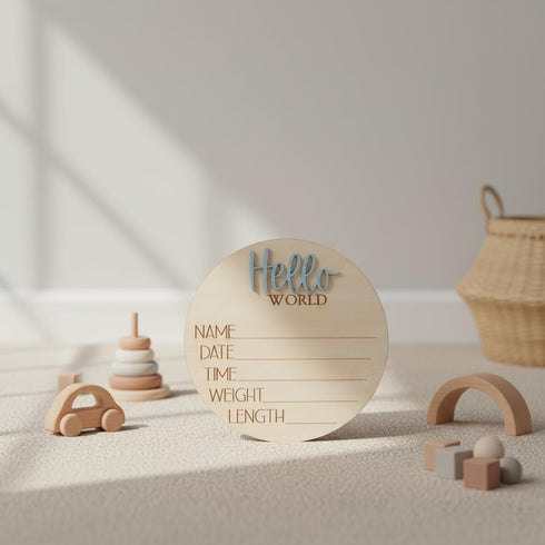 TTMerriwood Hello World Wooden Baby Birth Announcement Sign, Newborn Name Date Time Weight Length Board, Neutral