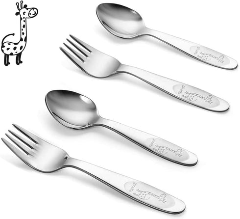 4 Piece Stainless Steel Toddler Utensil Set, Safe Kid Silverware Set for Self Feeding, Cartoon Toddler Forks and