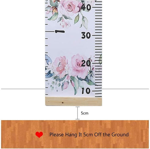 Baby Growth Chart Ruler Wall Hanging Measurement Chart with Wood Frame for Kids Nursery Room 8'' x 79'' (Pink Flower)