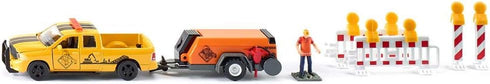 Siku 3505, RAM 1500 Pick-Up with Compressor Trailer, 1:50, Metal/Plastic, Yellow/Orange, Incl. barriers