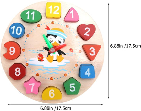Clock Toy Wooden Teaching Clock, Penguin Pattern Educational Toys for Toddlers Teaching Time Number Puzzle Stacking.