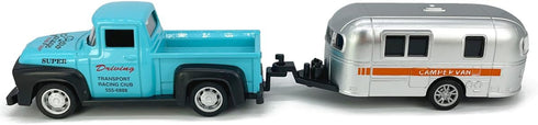 3 4 5 6 7 Vintage Blue Pickup Truck Trailer Towing Toy Camper RV Motorhome Toys for Boys Diecast Model Car Metal Pull