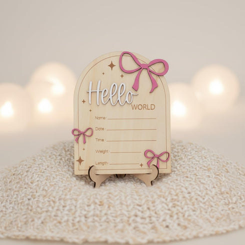 Hello World Baby Birth Stats Sign Wooden Keepsake with Pink Bow, Newborn Photo Prop, Nursery Decor, Baby Shower (Pink)