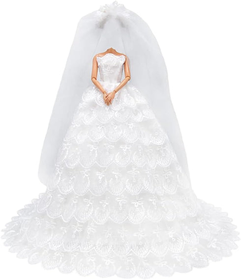 E-TING White Gorgeous Long Wedding Dress Princess Gown Clothes with Veil for