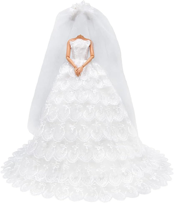E-TING White Gorgeous Long Wedding Dress Princess Gown Clothes with Veil for