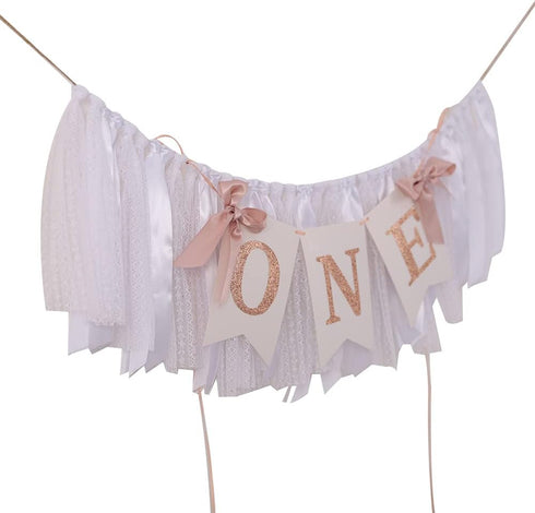 TUTOTU 1st Rose Gold Blush & White Birthday Banner - Highchair Banner, Party Decoration