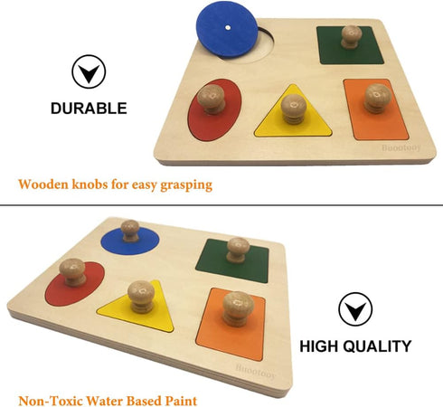 Montessori Multi Shape Wooden Puzzle Toy, Jumbo Wood Peg Educational Basic for Baby Toddler (5 Geometry Shape)