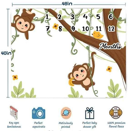 Naughty Little Monkey Baby Monthly Milestone Blanket for Boy Girl, Blanket with Month Marker Frame, 48x40in, 1-12 Months